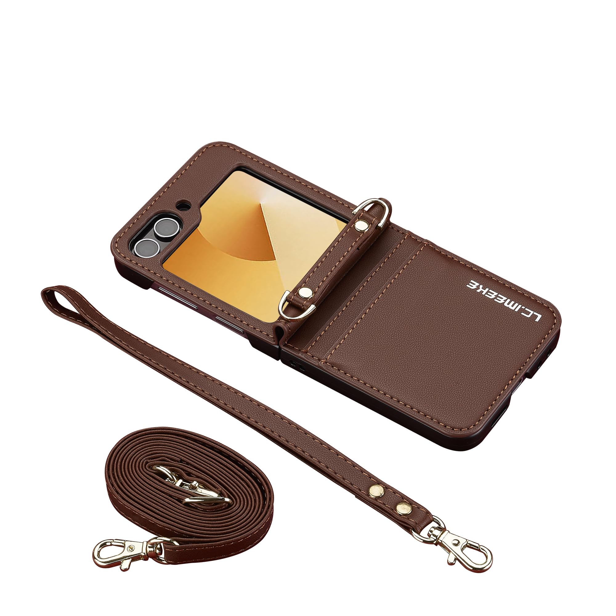 Etui z klapką ze skóry PU z podstawką do Samsung Galaxy Z Flip 6, stylowe, z miejscem na karty, paskiem na rękę i paskiem na ramię (brązowy)