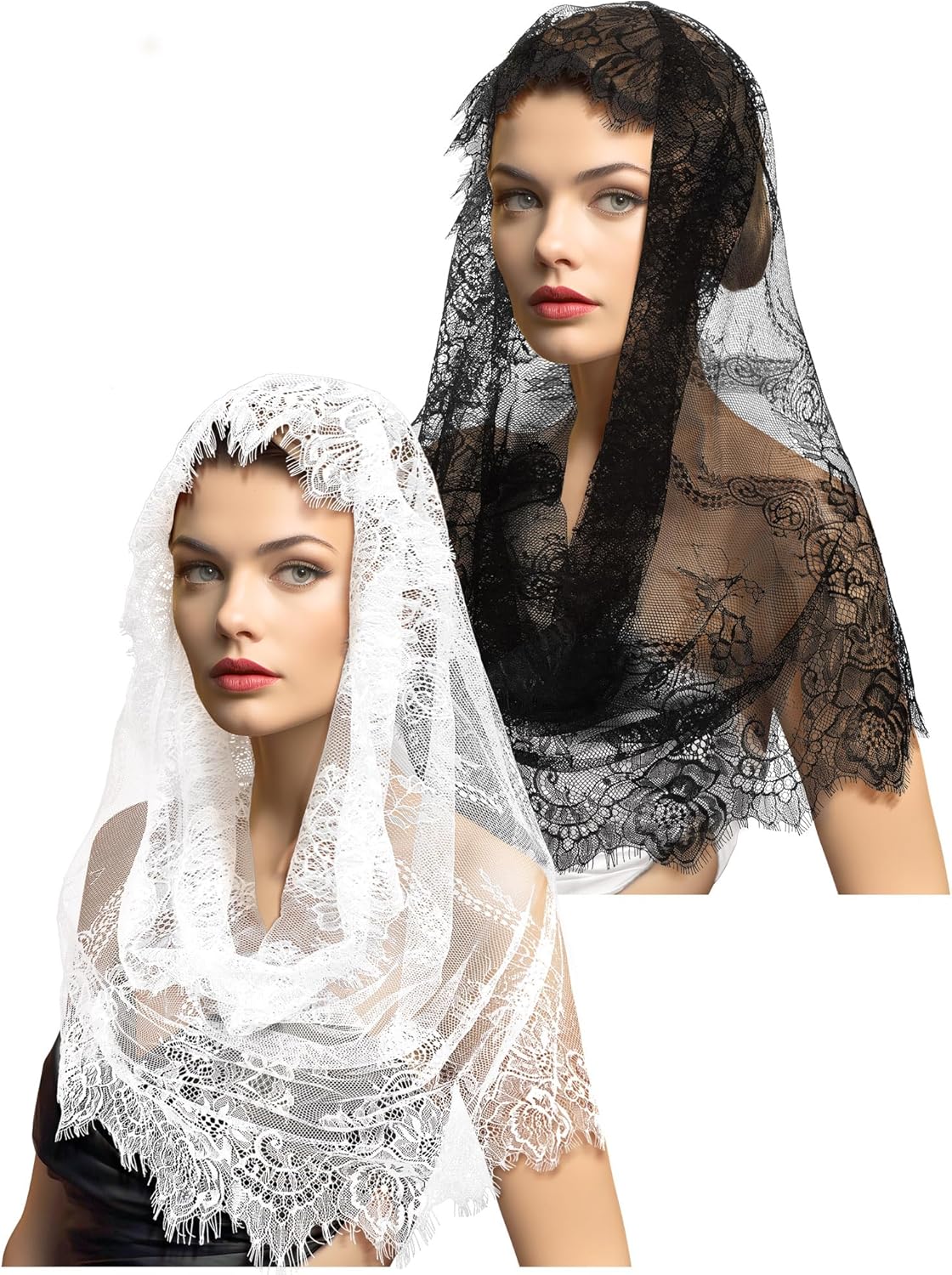 Boao 2 Pieces Floral Lace Veils Head Covering Latin Mass Mantilla Veils Short Scarf for Bridal Women