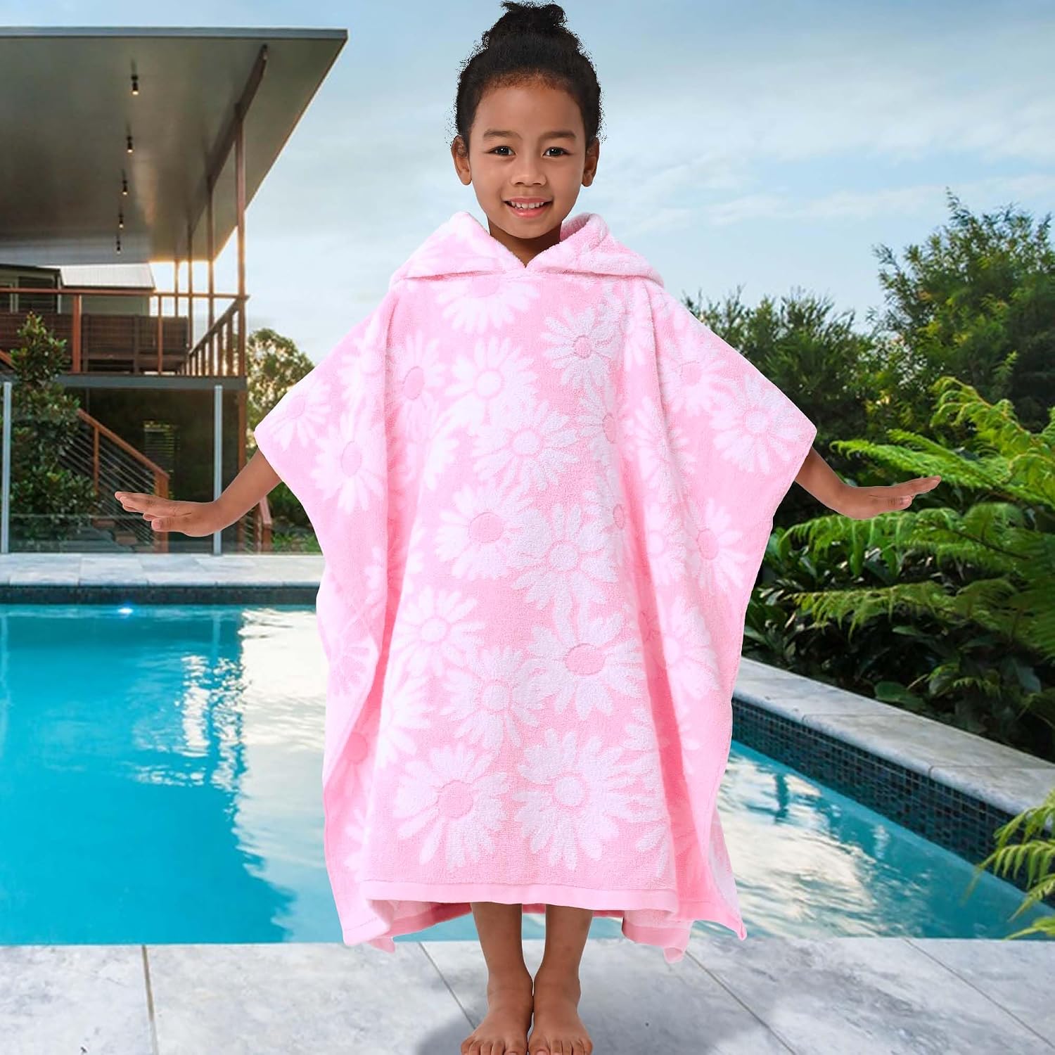  Kids Beach Towel Poncho, 4-8 Years,100% Cotton, Thick, Daisy | Premium Turkish Cotton, Floral Jacquard Pattern, Soft, Absorbent  Quick Dry, Perfect for Bath and Swimming thumbnail