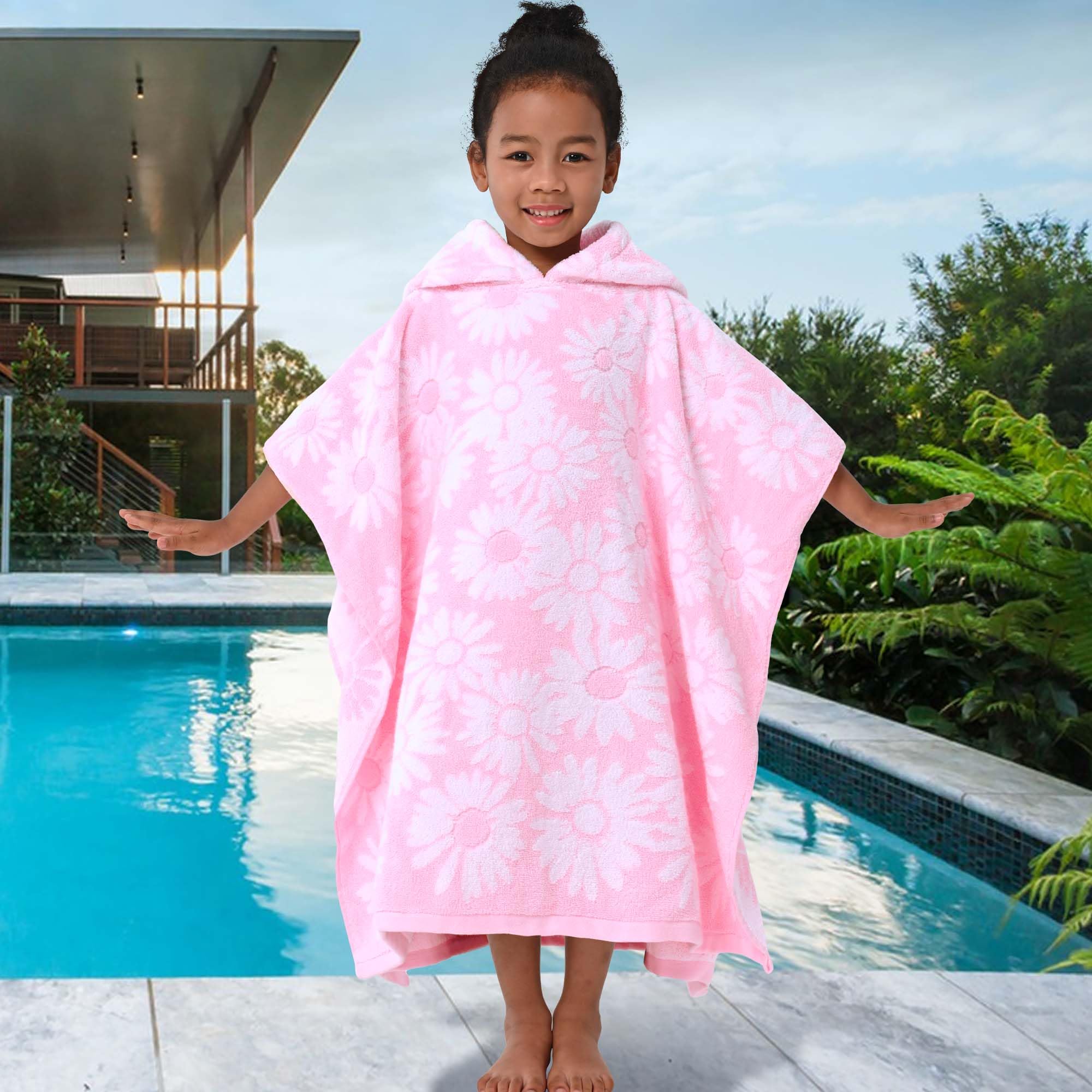 VOOVA & MOVAS Dickes Badetuch mit Kapuze für Kinder (137,2 x 76,2 cm) – weiche, saugfähige türkische Baumwolle, Bademantel, perfekt für Badezimmer, Pool, Schwimmen, Jacquard, Rosa mit weißem