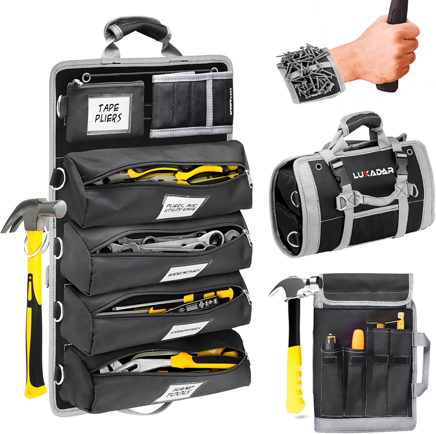Updated Tool Roll Up Tool Bag Organizer, Name Tags, Advansed Features, Heavy Duty Tool Roll Bag Organizer, Mens Gifts For Him Motorcycle Mechanic & Electrician LUXADAR (5 Detachable/Wristband)
