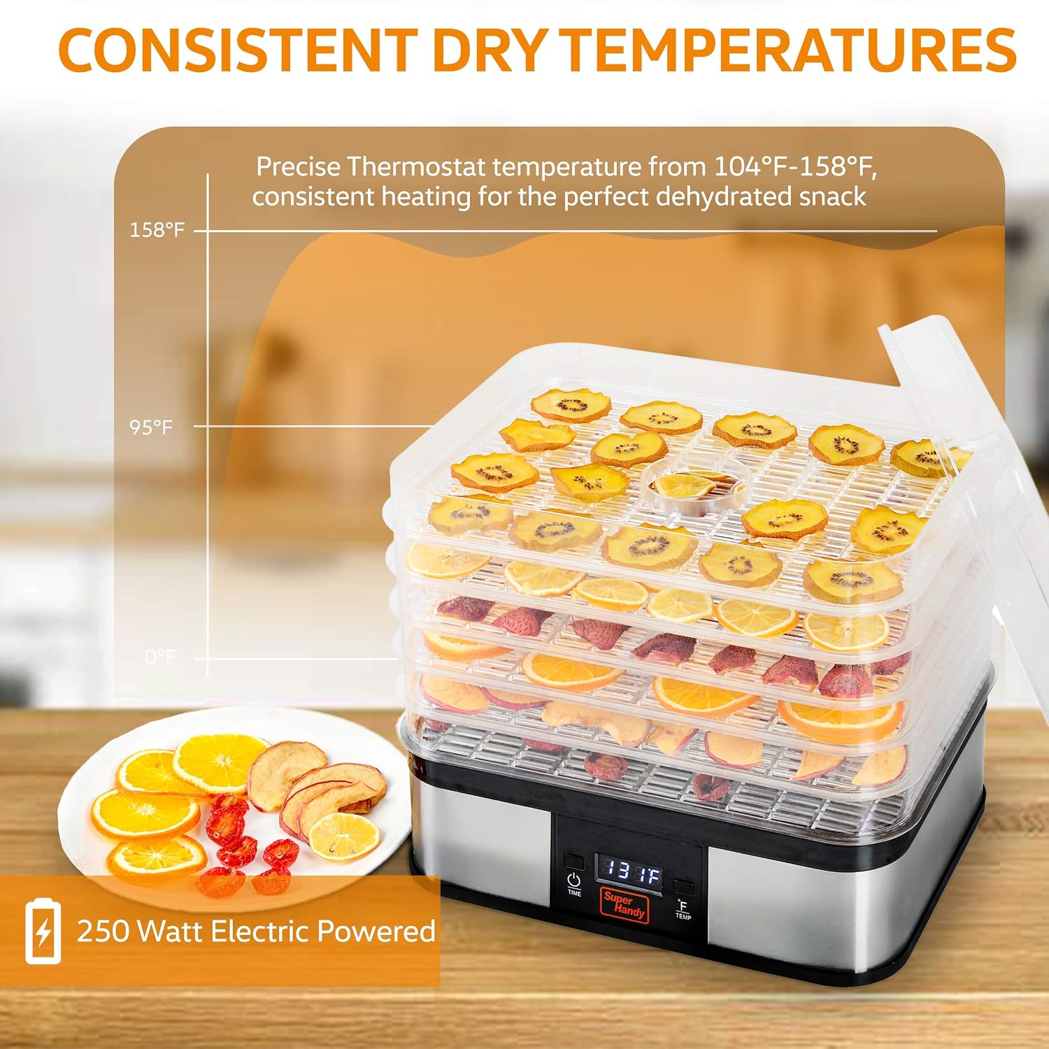 SuperHandy Food Dehydrator Electric Preserver Machine 5 Tray Layer BPA Free Digital Timer 1-48h Temperature Range 104F (40C) - 158F (70C) for Jerky/Meat/Fruit/Vegetable