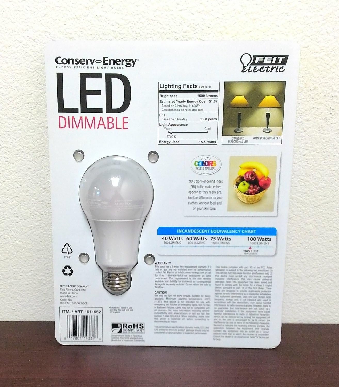 Feit Electric LED Dimmable Omni Directional Light Bulb Soft White 2700K 1500 Lumens Bright