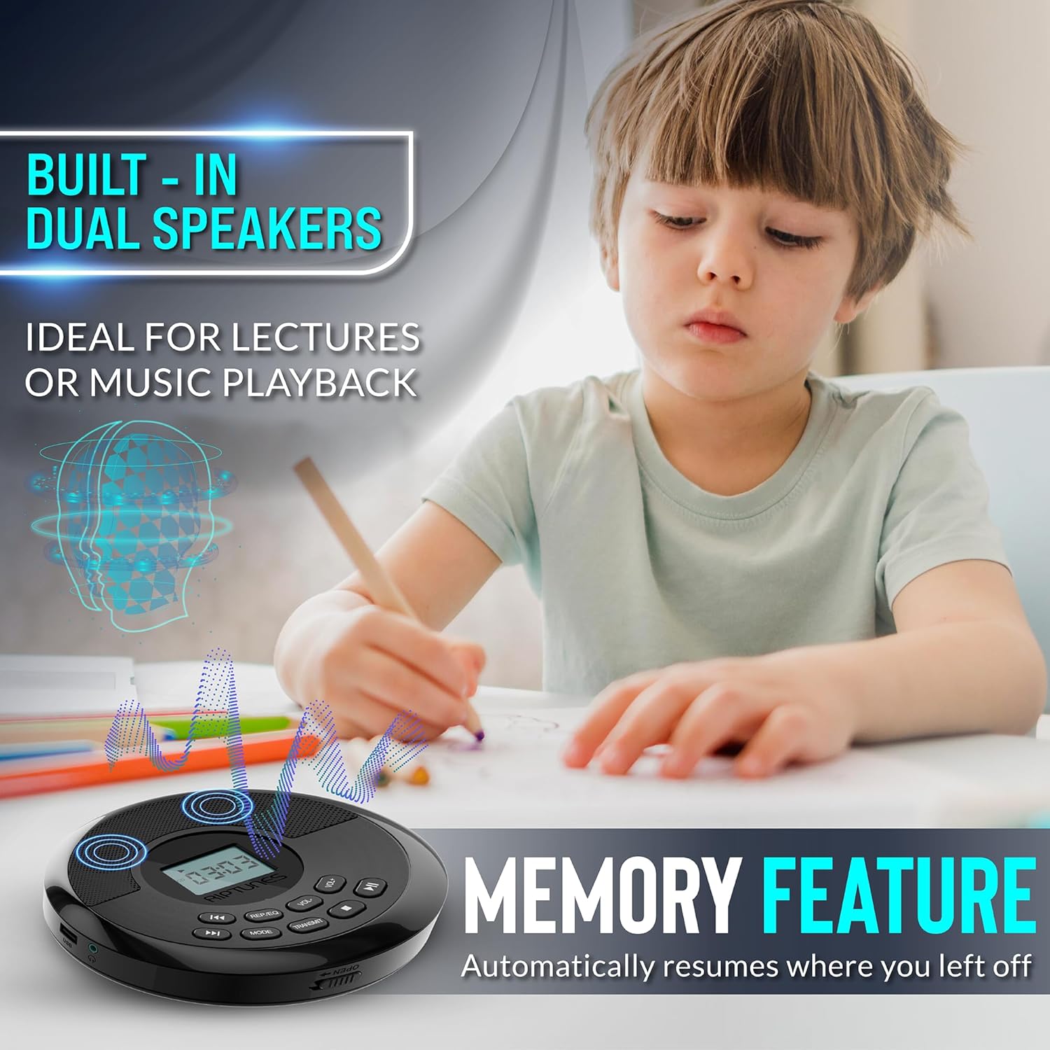 Riptunes CD Player Portable Rechargeable Battery Bulit-in - Wireless, Dual Speakers Anti-Skip Protection - Compatible MP3 USB- Black