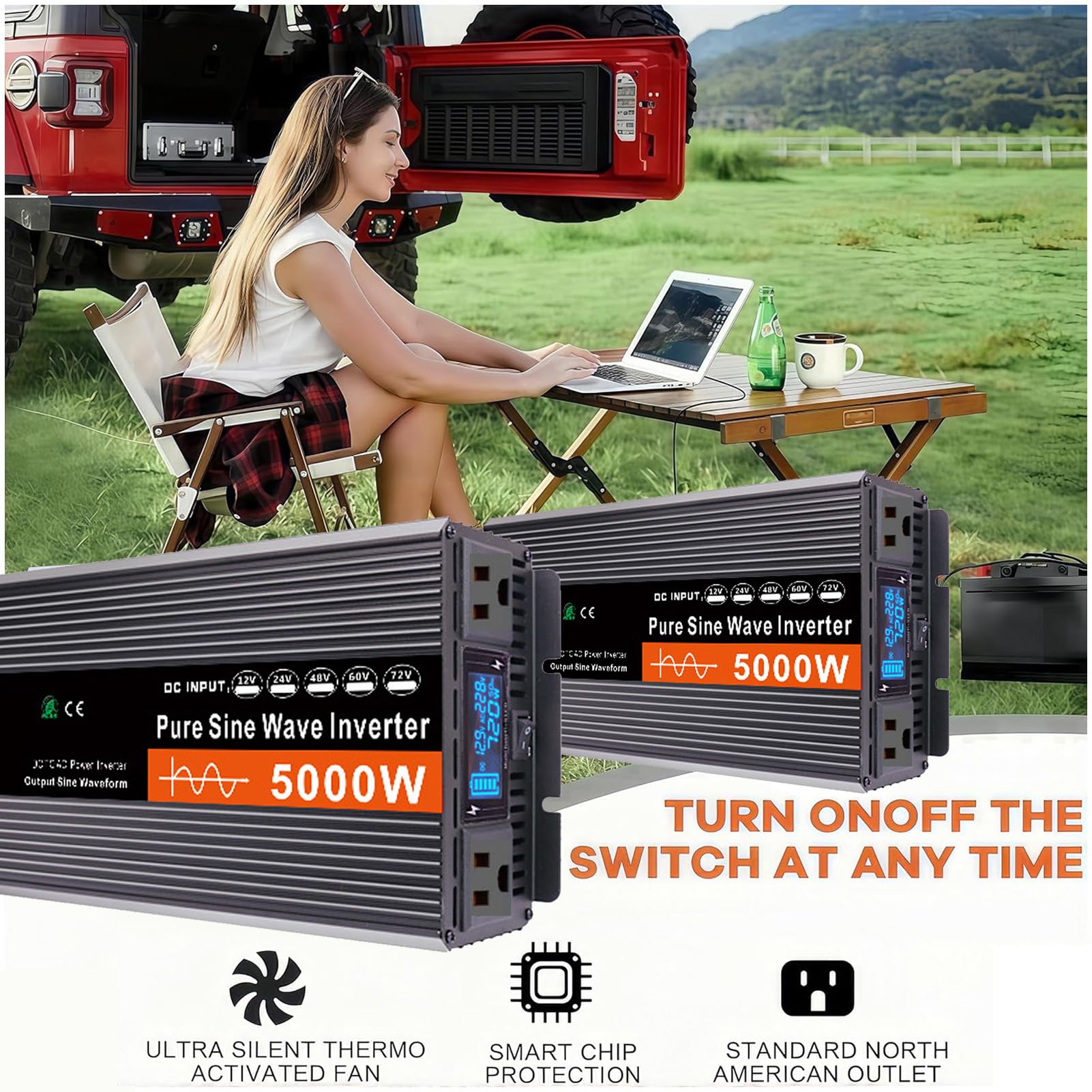 Inverter a Onda Sinusoidale Pura da 5000W, Caricabatterie, Convertitore da 12V 24V 48V 60V 72V CC a 110V 240V CA, Inverter di Potenza per Camion, Casa, Camper, Inverter Solare Fuori (Size:72V to 110V)