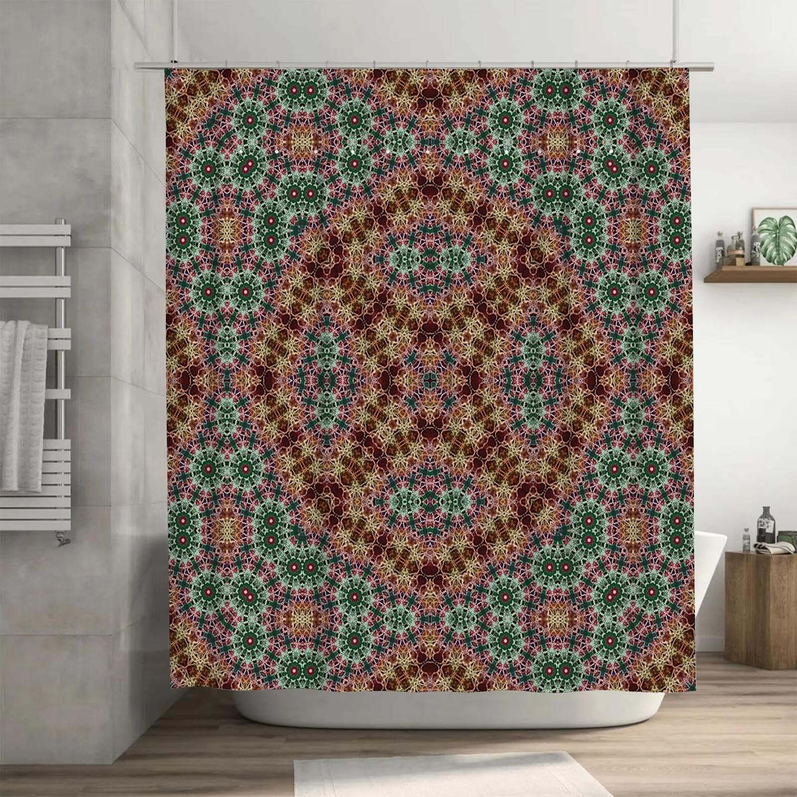 Rideau de Douche kaléidoscope Rouge, Vert et Jaune, Motif Floral Unique, décoration d'intérieur, Salle de Bain, Tissu imperméable, 280 x 200 cm (110 x 79 Pouces)