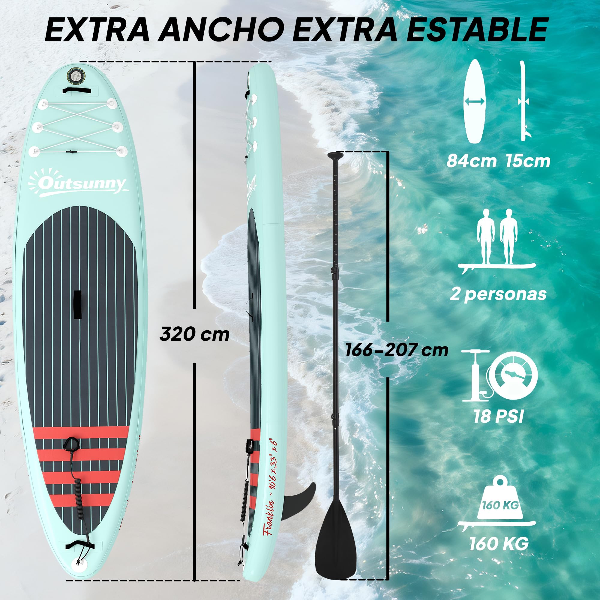 Outsunny Tabla Paddle Surf Hinchable con Accesorios, 320 cm, Remo de Aluminio Ajustable, Quilla, Stand Up Paddle Board con Superficie Antideslizante de EVA, Bomba y Mochila, Carga 160 kg, para Adultos