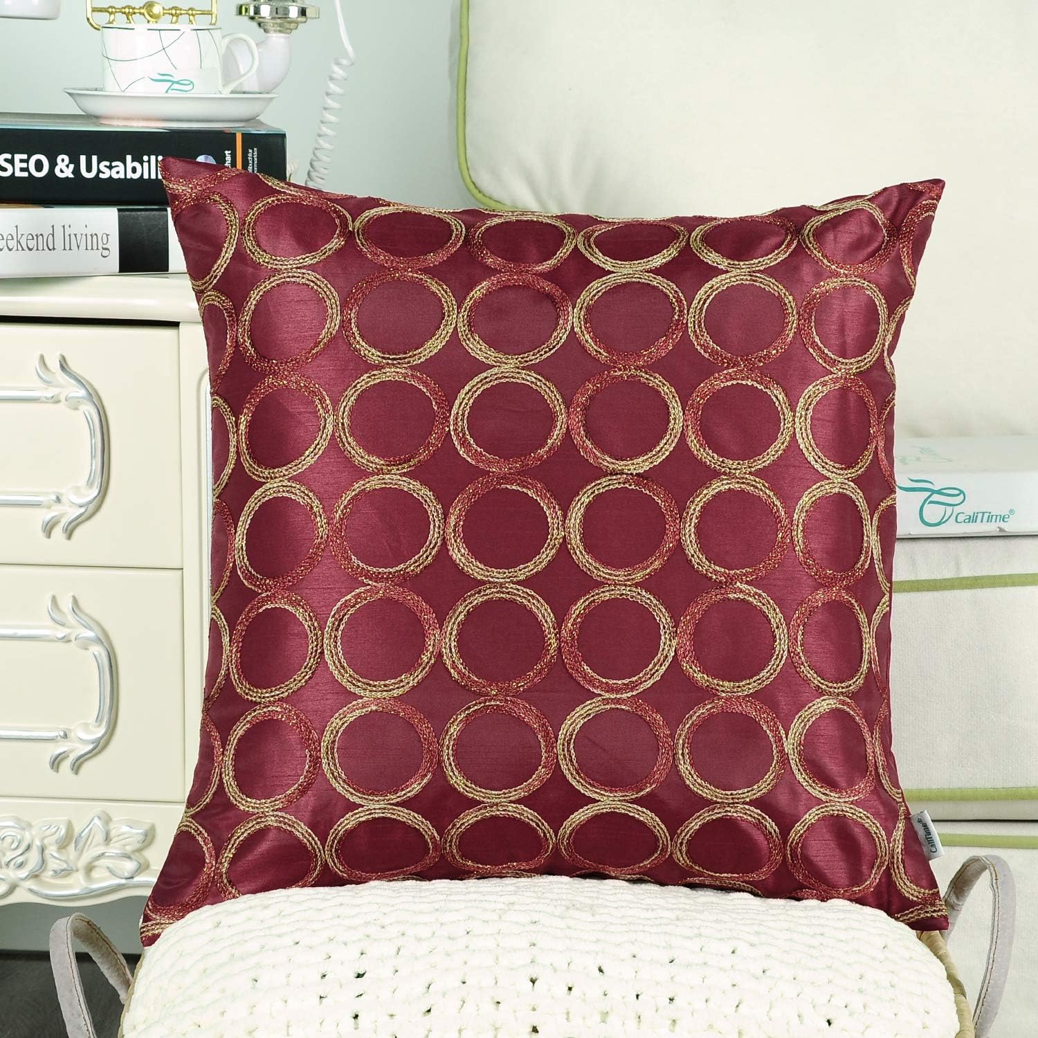 CaliTime Pack of 2 Cushion Covers Throw Pillow Cases Shells for Sofa Couch Home Decoration 18 X 18 Inches Modern Circles Rings Geometric Chain Embroidered Deep Red