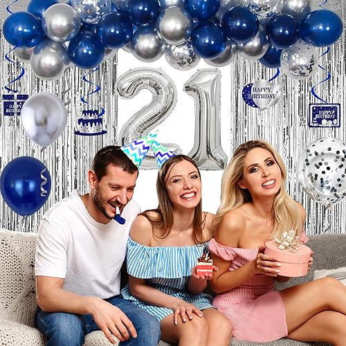 Miniatura 5 de Decoraciones de cumpleaños 21 para él, decoraciones de cumpleaños 21 azules y plateadas para niños y hombres, 21 globos de cumpleaños, banderines,