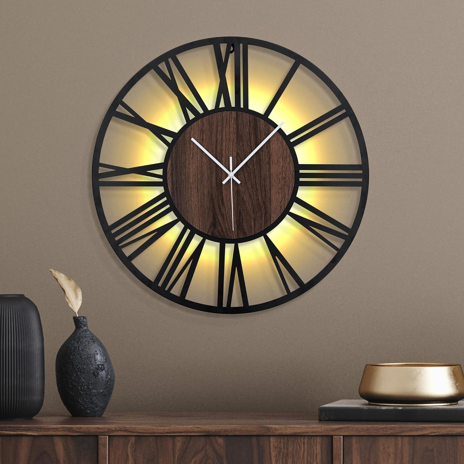20 Inch Large Metal Wall Clock with Voice and Light Sensor Night Light, Glow in The Dark Non-Ticking Silent Battery Operated Decorative Oversized Wall Clock for Bedroom Living Room Decor 20inch (50cm) Dark Brown - Roman Numbers