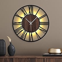 Modern Wall Clock with Night Light - Silent Clock 50 cm Battery Operated LED Auto in the Dark No Tic TAC Wood Style for Living Room Bedroom Kitchen