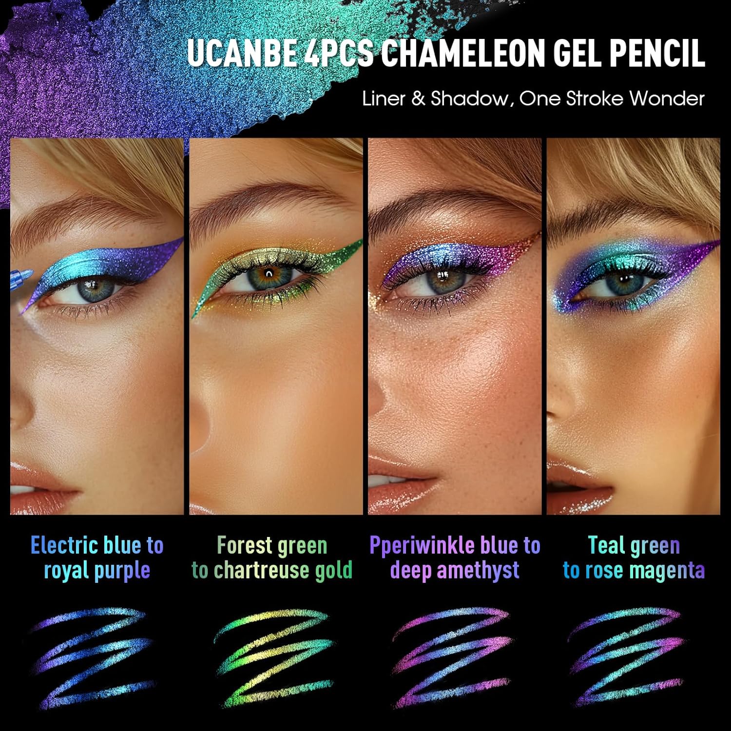UCANBE 4PCS Chameleon Eyeshadow & Eyeliner Gel Pencil Set - Multichrome Shifting Colors Metallic Glitter Eye Makeup,Waterproof Long-Lasting Smudge-Proof Multi-Dimensional Color - Image 3