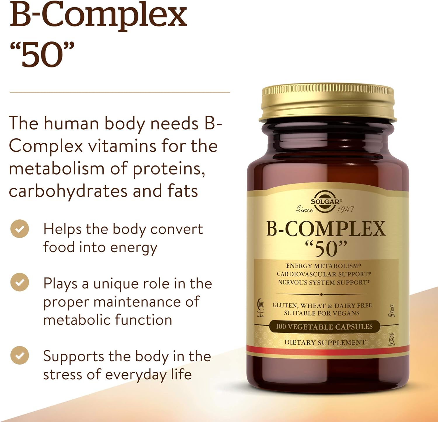 Solgar B-Complex “50”, 100 Vegetable Capsules - Energy Metabolism, Cardiovascular Support, Nervous System Support - Non-GMO, Vegan, Gluten Free, Dairy Free, Kosher, Halal - 100 Servings : Health & Household