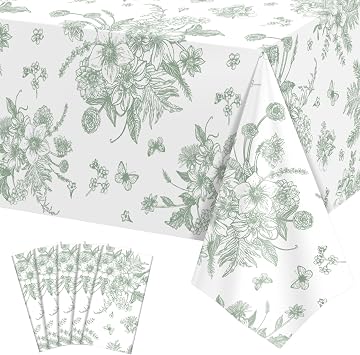 NatNarr 6 Pack Sage Green Floral Plastic Tablecloths, Tea Party Tablecloth