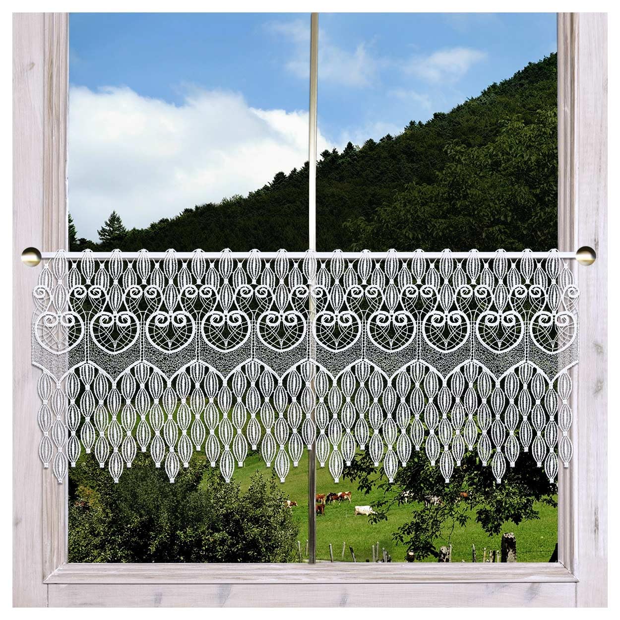 Spitzengardine Dara aus Echter Plauener Spitze Moderne Scheibengardine mit Ornamenten in weiß 35 x 96 cm