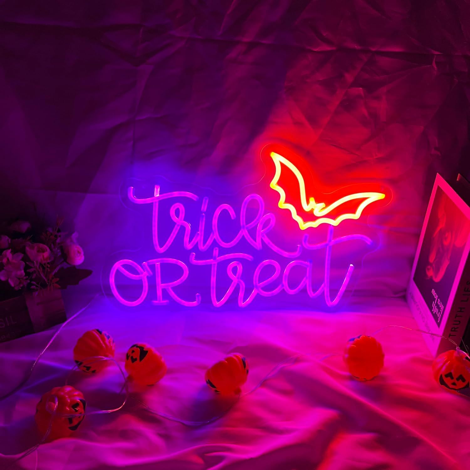 Halloween Neon Sign Trick or Treat Neon Lights for Halloween Decoration Bat Light Up Signs Neon Halloween Sign Powered for Home Party Bar Coffee Stores Window Front Door Bedroom Kids Room