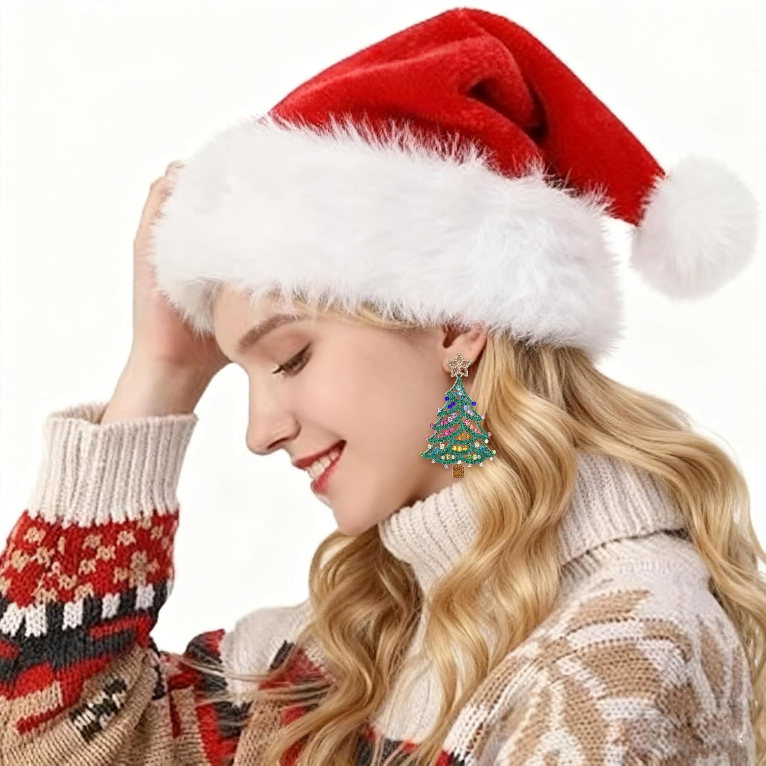 Flyonce Christmas Tree Earrings, Sparkly Rhinestone Crystal Large Statement Wishing Tree Drop Dangle Earring Xmas Festival Holiday Jewelry Gift for Women Red Green Gold-Tone - Image 3