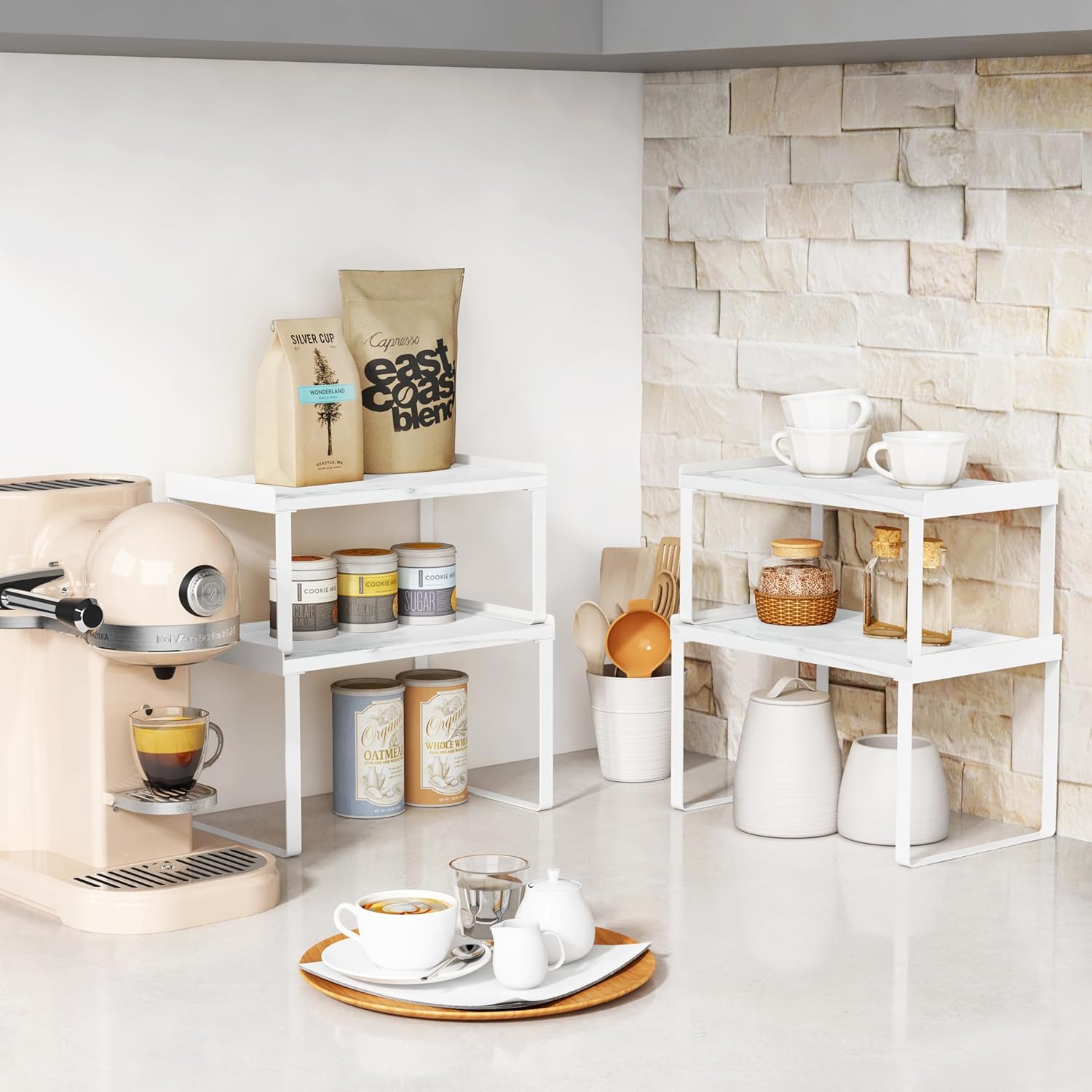 White Marble Kitchen Counter Shelf Organizer, Modern Dish Plate Organizer for Cabinet Space Saver, Small Wood Stackable 2 Tier Office Desktop Shelf Risers for Books Monitor - Set of 4 - Image 2