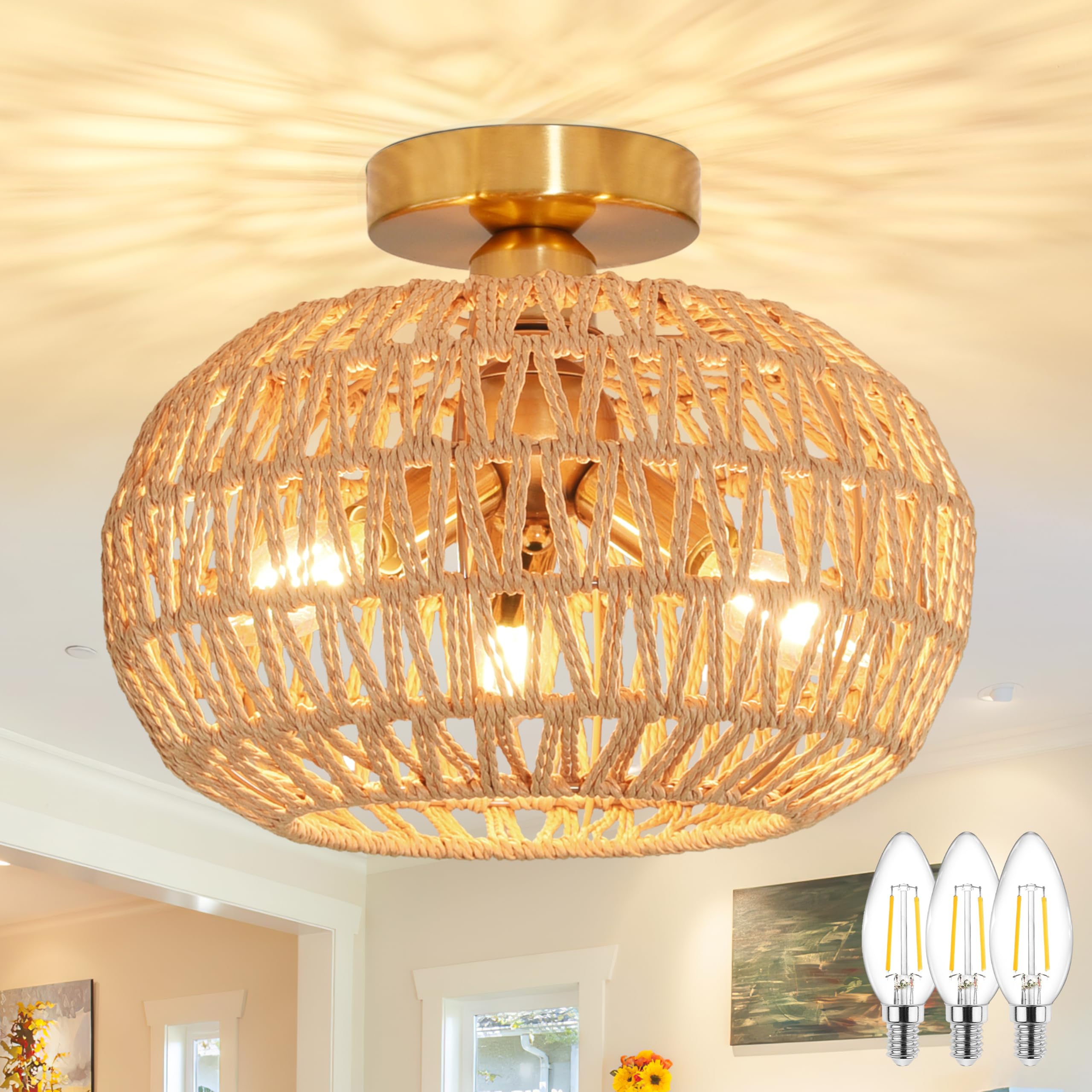 Photo 1 of **UNTESTED**
3-Light White Rattan flush mount ceiling light fixture,12" farmhouse ceiling lights for bedroom,Fabric Shade rattan ceiling light boho ceiling light living room ceiling lights for Hallway Entryway