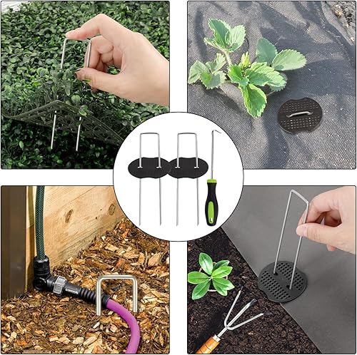 Miniatura 6 de CEWOR Juego de grapas de paisaje, estacas de jardín, 50 estacas de calibre 11 de 6 pulgadas y 50 juntas, estacas de jardín galvanizadas con gancho y