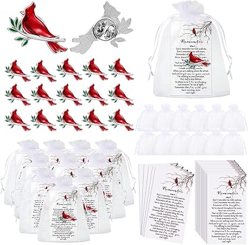 Inbagi Memorial Cardinal Sign Pins Set Include Bird Funeral Pocket Token Red Cardinal Pin Organza Bags and Remember Me Poem Cards Cardinal Charms Funeral Favors for Guests Gift 30 Sets