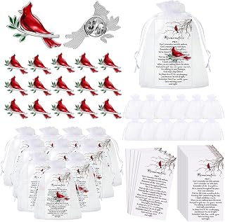 Inbagi 30 Sets Memorial Cardinal Sign Pins Set Include 30 Bird Funeral Pocket Token Red Cardinal Pin 30 Organza Bags and 30 Remember Me Poem Cards Cardinal Charms Funeral Favors for Guests Gift