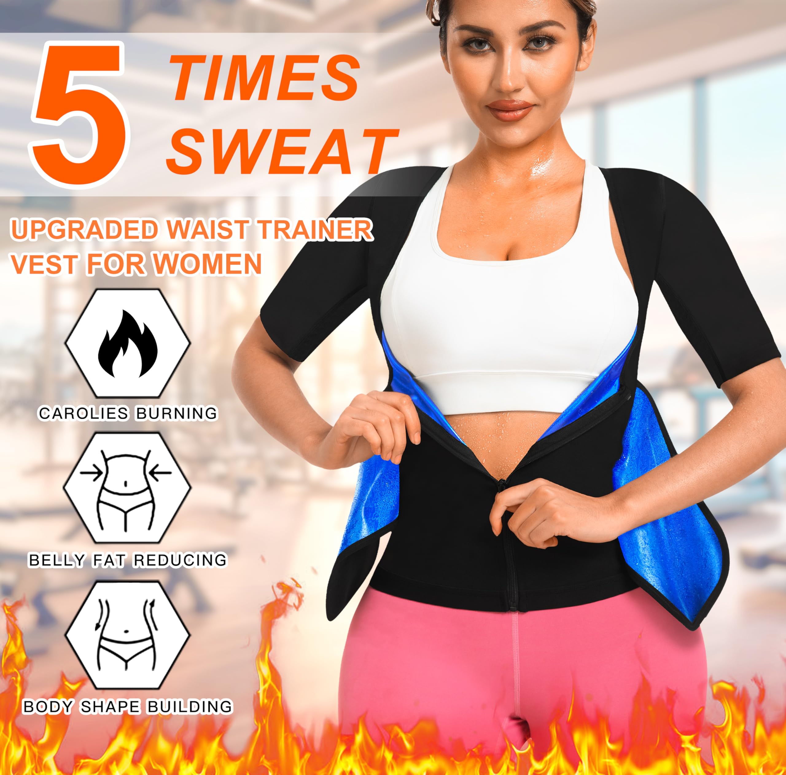 DYUAI Sauna Shirt for Women Sauna Waist Trainer for Women Sauna Suit Workout Sauna Vest Zipper Body Shaper(WBH6015-01-L)