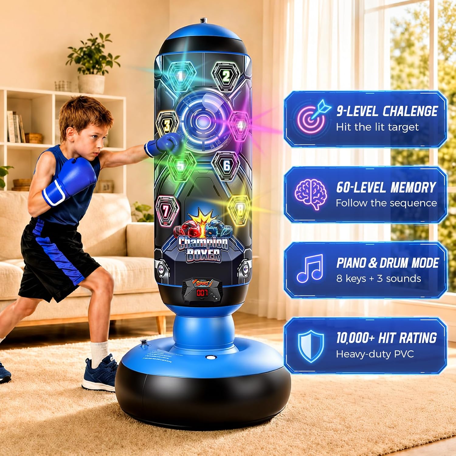 Punching Bag for Kids with Gloves & Pump, LED Lights Music & Electronic Scoring, 4 Game Modes Interactive Cyberpunk Inflatable Boxing Set, Freestanding Toys for Boys Girls Ages 4-12 Gifts