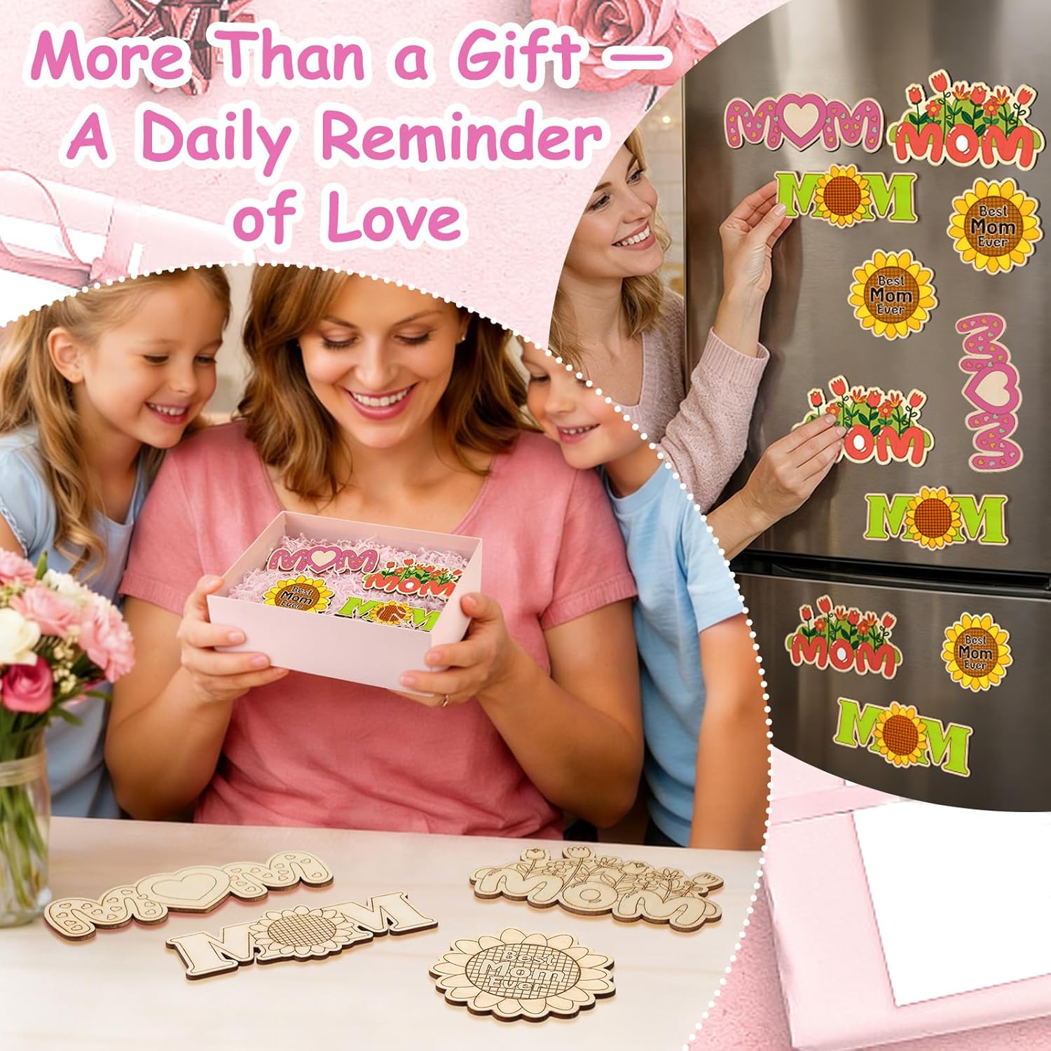 Xuhal 36 Pack Mother's Day Wood Fridge Magnet Crafts Gifts Kit DIY Wooden Magnets to Paint Mom Wood Magnets Fridge Handmade Gifts from Daughter Son for Mom Birthday Home Refrigerator Decor