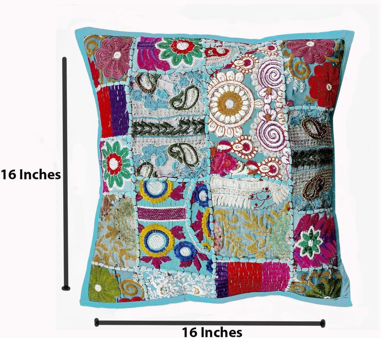 Rastogi Handicrafts Handmade Patchwork Cushion Pillow, Sari Patch Throw Pillow Indian Ethnic Pillow Covers Embroidered Sari Patchwork Cushion Cover (Sky Blue)