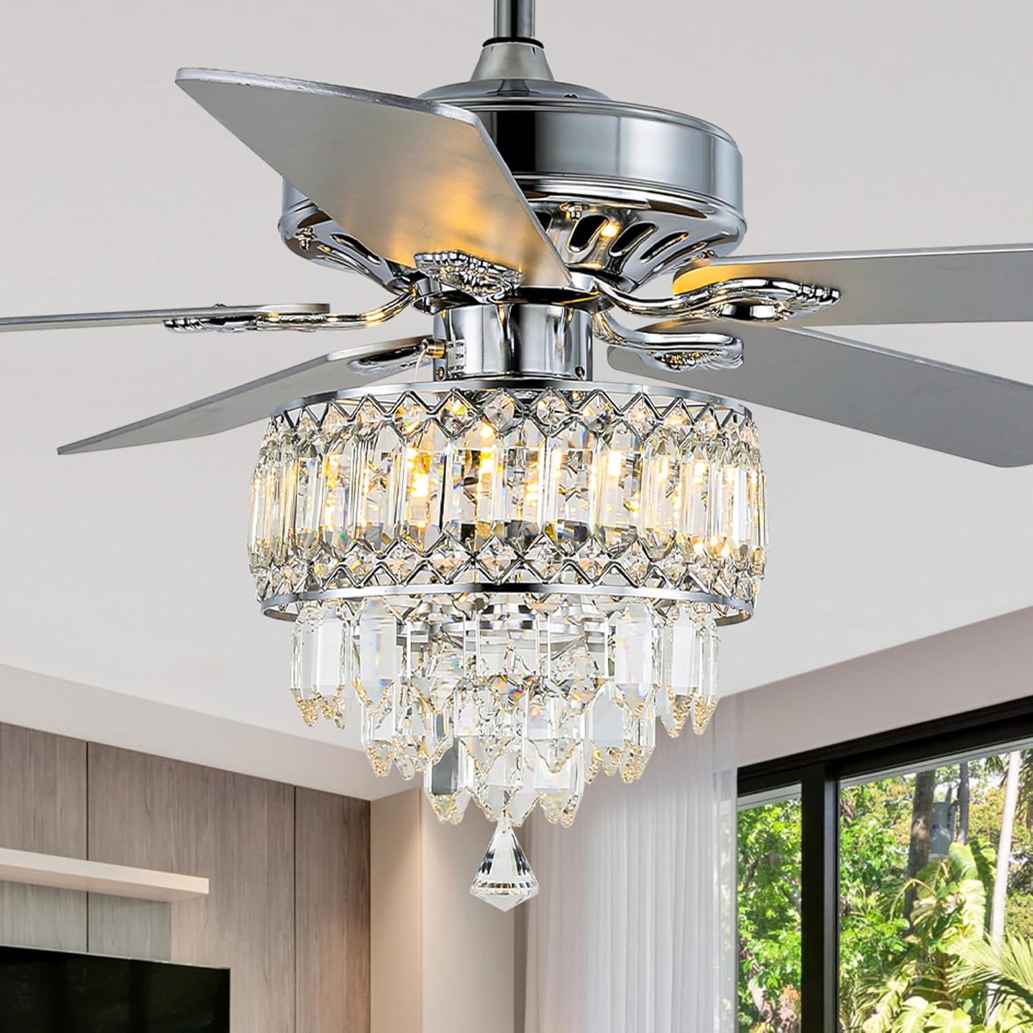 Bella Depot 52 Inch Crystal Ceiling Fan, Chandelier Fan with Lights and Remote Wood Blades Modern Fandelier Fan for Bedroom Living Room (Chrome)