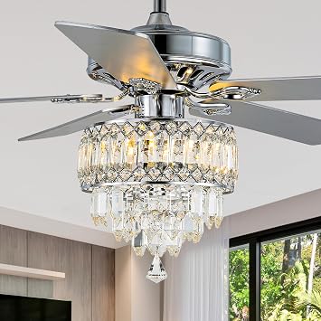 Bella Depot 52 Inch Crystal Ceiling Fan, Chandelier Fan with Lights and Remote Wood Blades Modern Fandelier Fan for Bedroom Living Room Chrome