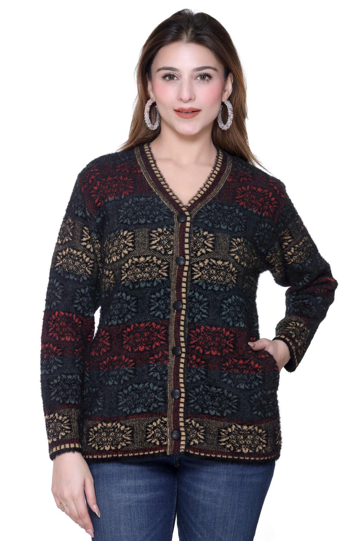 Full Sleeve V Neck Woollen Cardigan for Women with Pockets