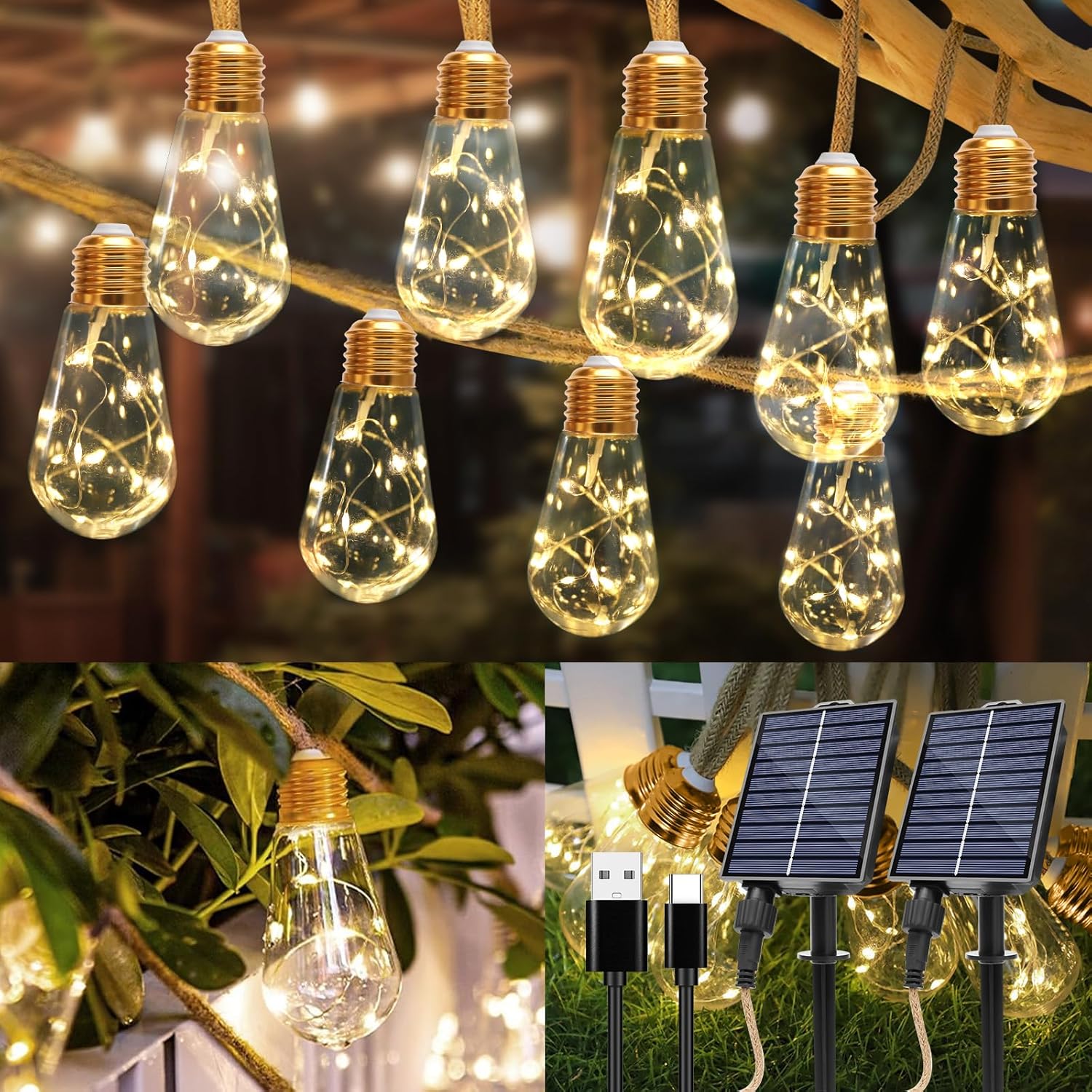 Solar String Lights Outdoor,26 Ft Vintage Rope Hemp Solar Patio Lights with 8Modes and Remote Control,LED Patio Lights with 16 Bulbs Waterproof (52FT-2PCS)