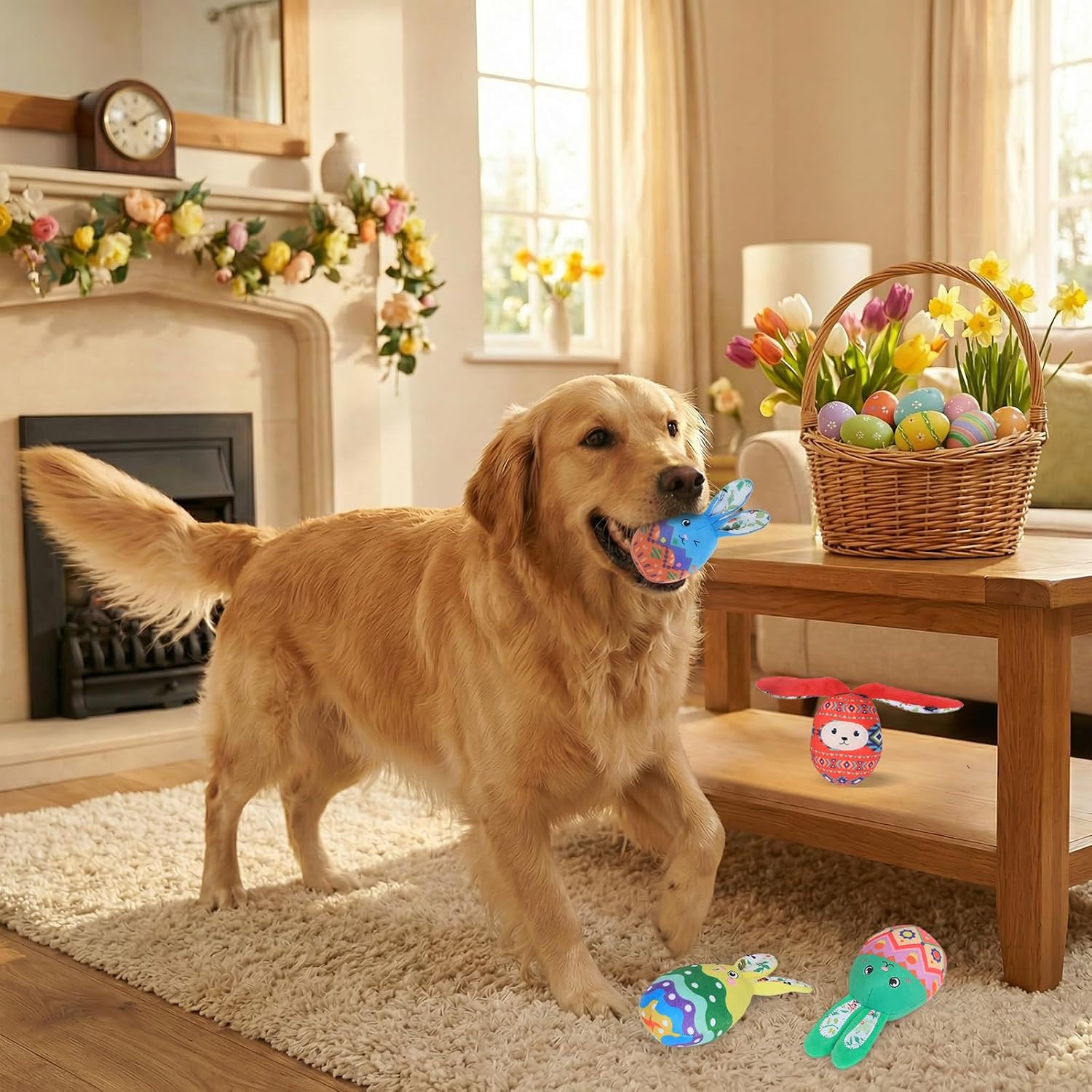 4 Pcs Easter Bunny Egg Dog Toys for Small Dogs Squeaky Small Dog Toys Durable Push Puppy Toys for Chewing Interactive with Crinkle Paper for Small Medium Dogs Easter Day Gift