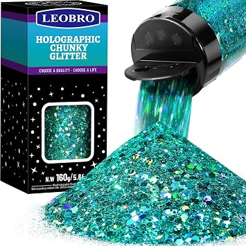 LEOBRO Blue Glitter, 160G/5.64OZ Holographic Chunky Glitter for Crafts, Resin, Body Nail, Tumblers,Party Decorations, Peacock Blue