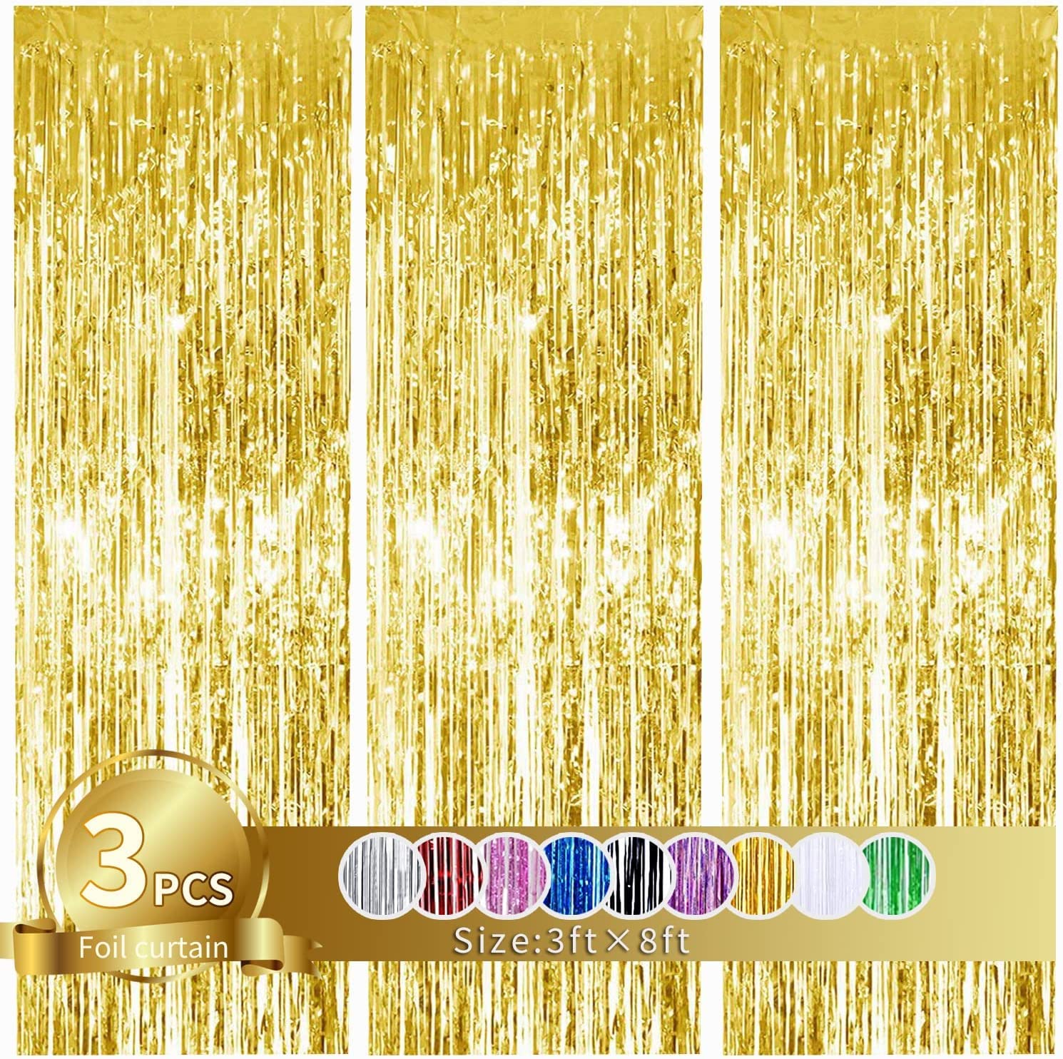3Pcs Gold Metallic Tinsel Foil Fringe Curtains,3.2ft*8ft Gold Photo Booth Backdrop Streamer,Photo Booth Props,for Party Door Wall Curtains