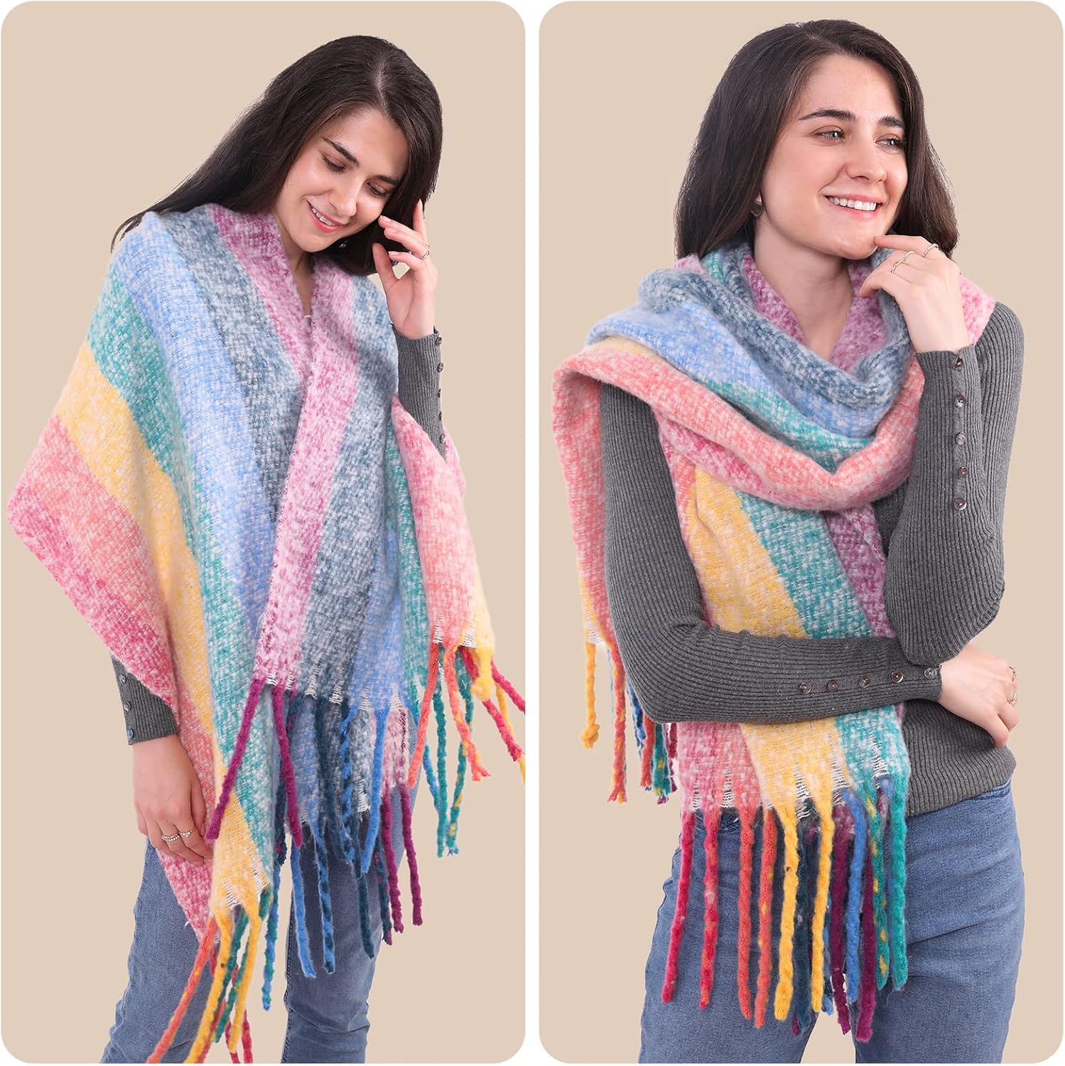 MissShorthair Oversized Chunky Blanket Scarf for Women Winter Warm Colorful Big Scarfs Plaid Thick Scarves Soft Fluffy Shawl - Image 7