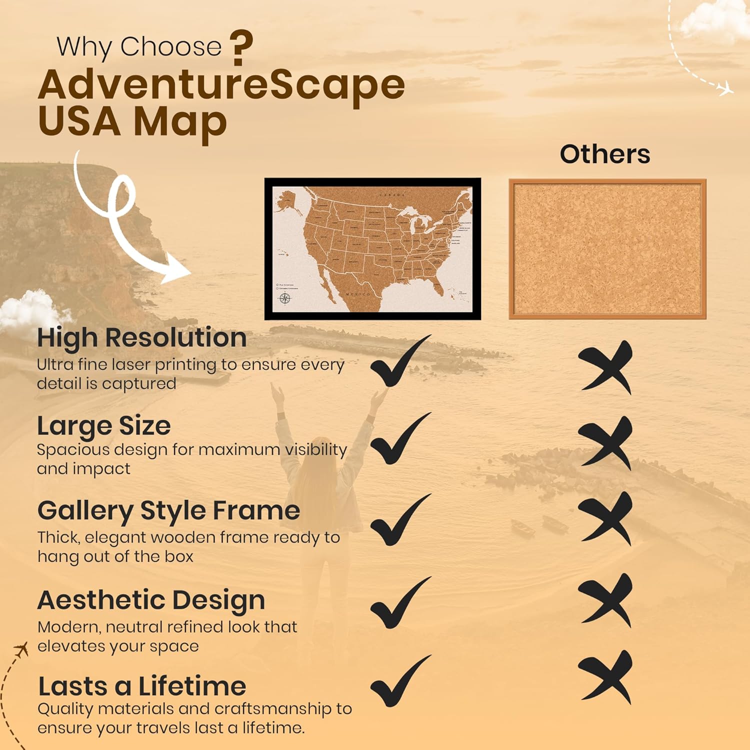 Large Push Pin Travel Map United States | USA Map with 200 Pins for Wall | Cork US Map Pin Board Tracker for Marking Places Traveled | US Travel Map for Couples and Family Adventures