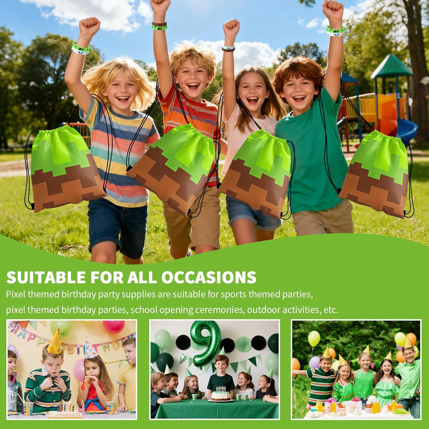 Pixel Theme Party Favors, Miner Game Birthday Party Supplies & Goodie Bags for Kids, Include Drawstring Bags Notebook Silicone Bracelet Highlighter for Gifts Fillers - Image 5