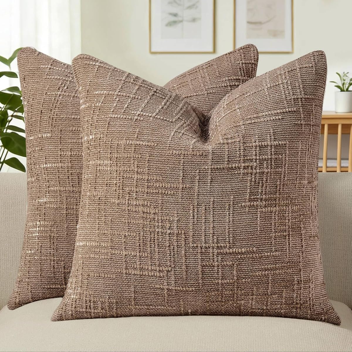 Fundas de almohada decorativas para sofá, 18 x 18, juego de 2 fundas de almohada de chenilla suave color camel, fundas de cojín bohemias con textura neutra para decoración moderna de casa de campo, sofá, dormitorio, sala de estar SY008-D18