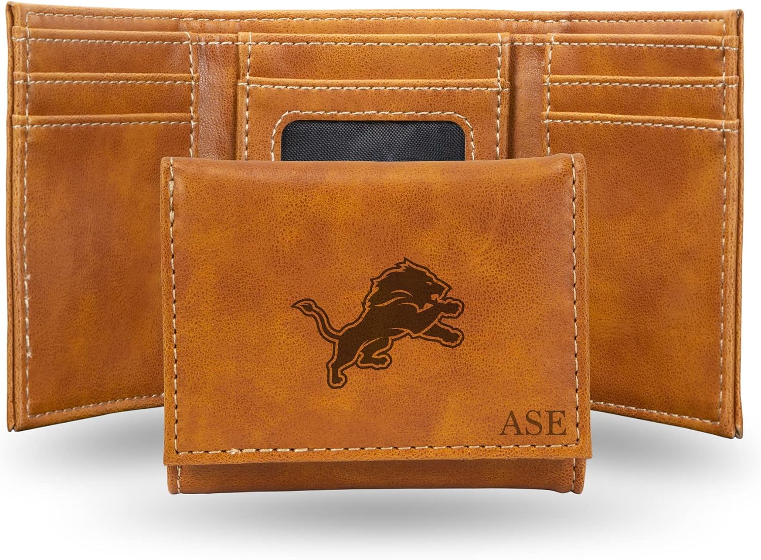 Rico Industries NFL Detroit Lions Brown Personalized-Custom Laser Engraved Faux Leather Tri-fold Wallet - Slim Wallet