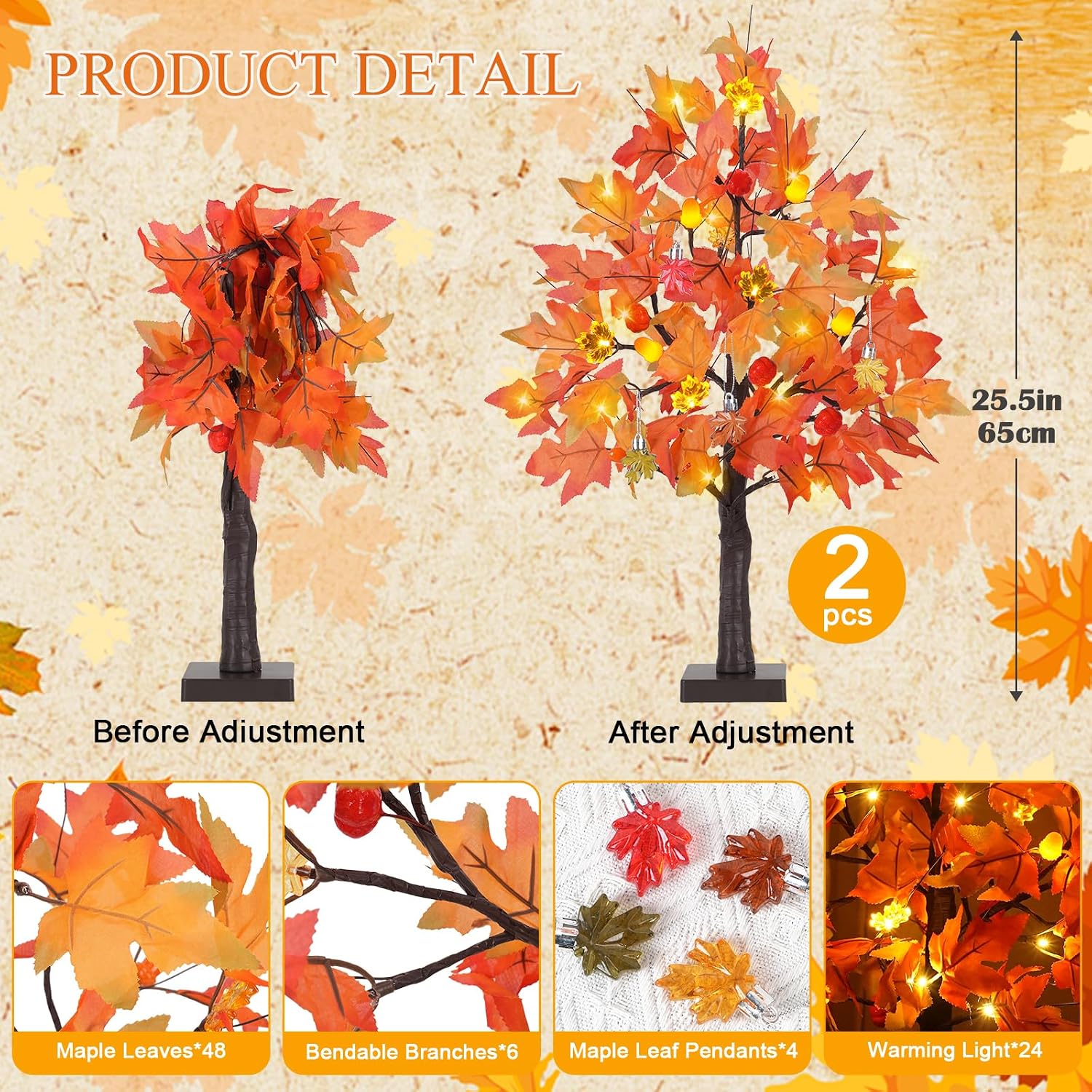 2 Pack 24in Prelit Fall Maple Tree with Lights 48 LEDs-Timer USB & Battery Operated Pumpkin Lights Small Fall Light Up Tree Fall Decorations for Home Table Thanksgiving Halloween Mantle Autumn Decor