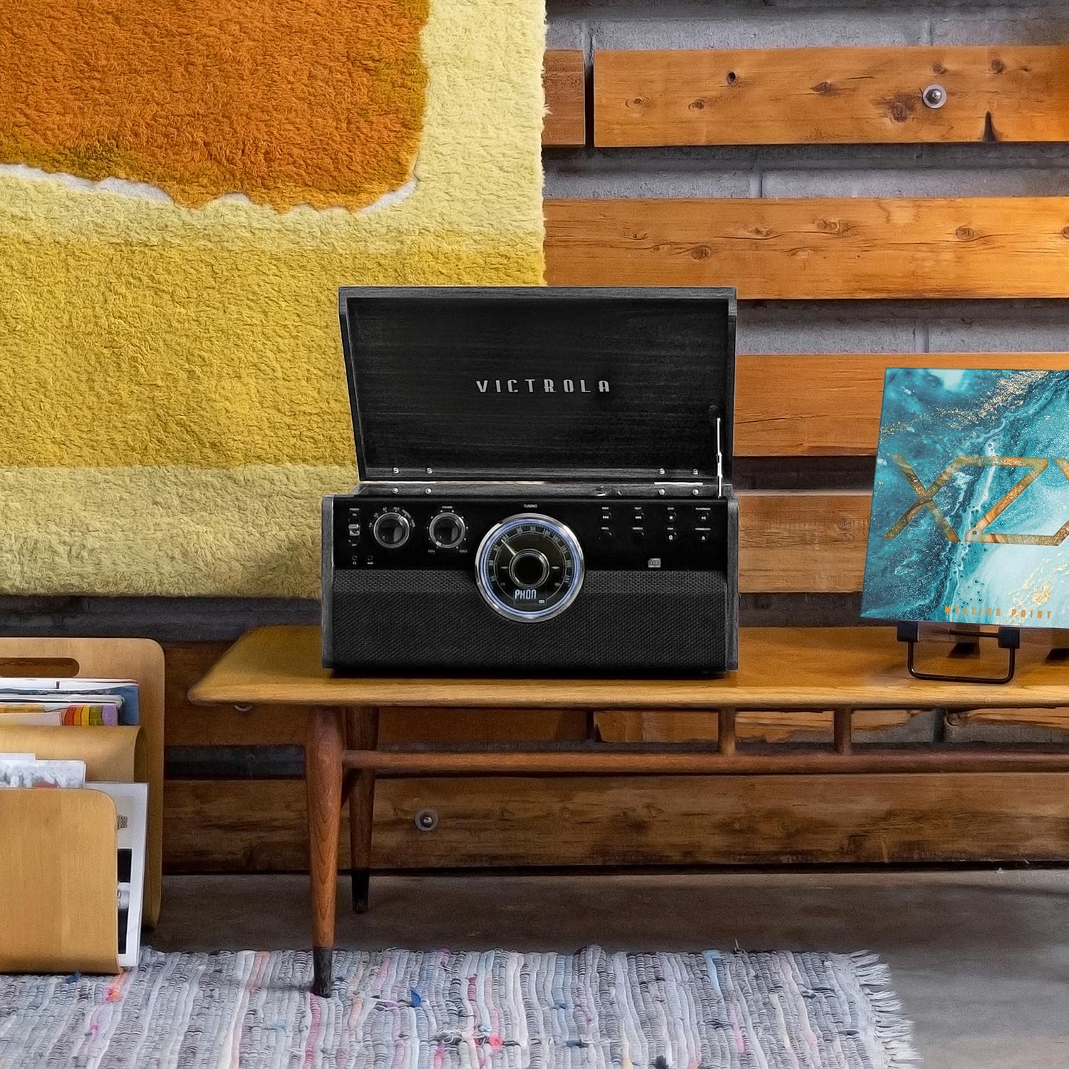 Metropolitan - Reproductor de discos Bluetooth 4 en 1 y centro multimedia - Tocadiscos de 3 velocidades accionado por correa con altavoces integrados, radio AM/FM, transmisión de música 6