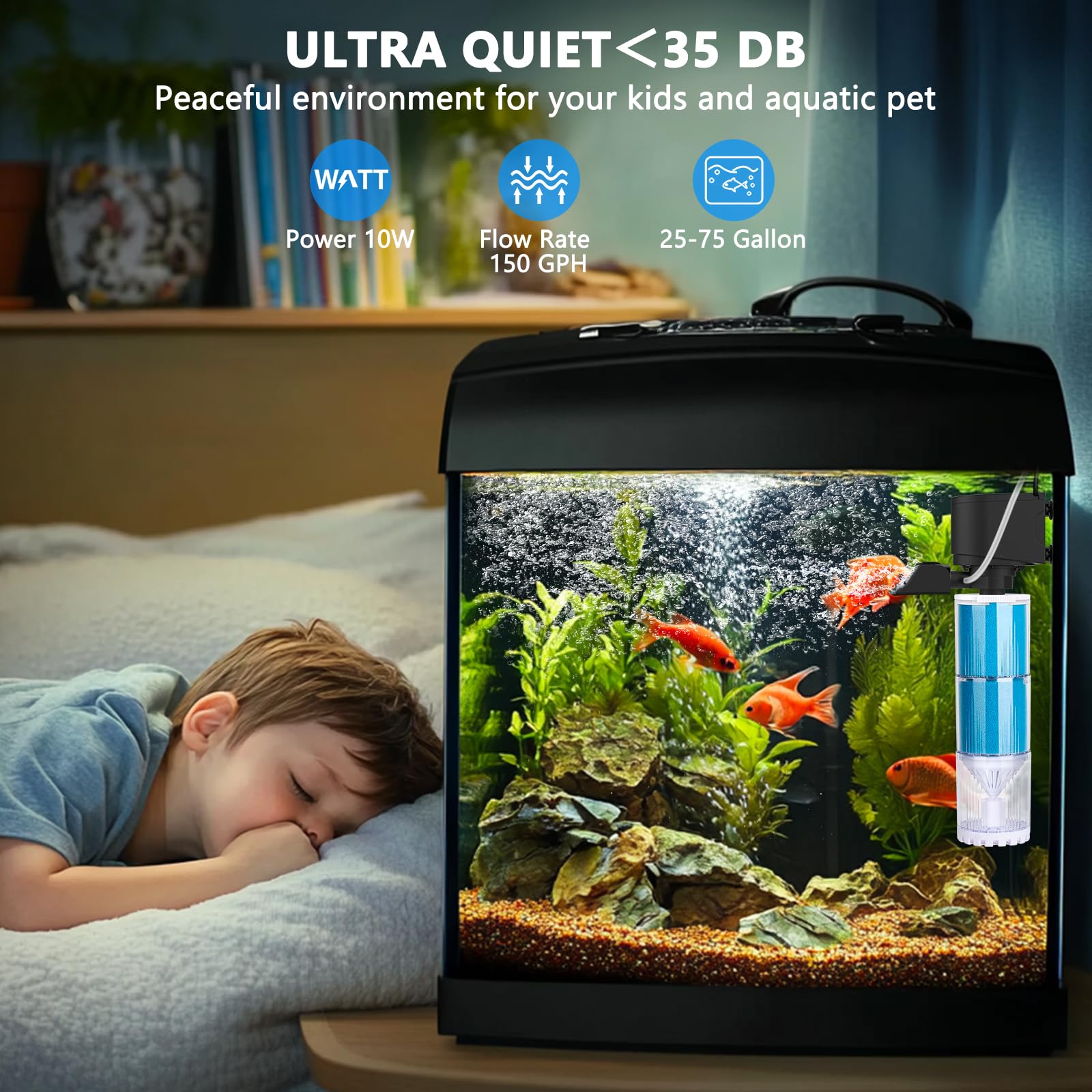 fishkeeper Filtre Aquarium, 570 L/H Débit Réglable Pompe et Filtre pour Aquarium, 4 en 1 Filtre éponge de 10 W avec Compartiment de Filtration, Facile à Nettoyer, pour Aquariums de 300 L