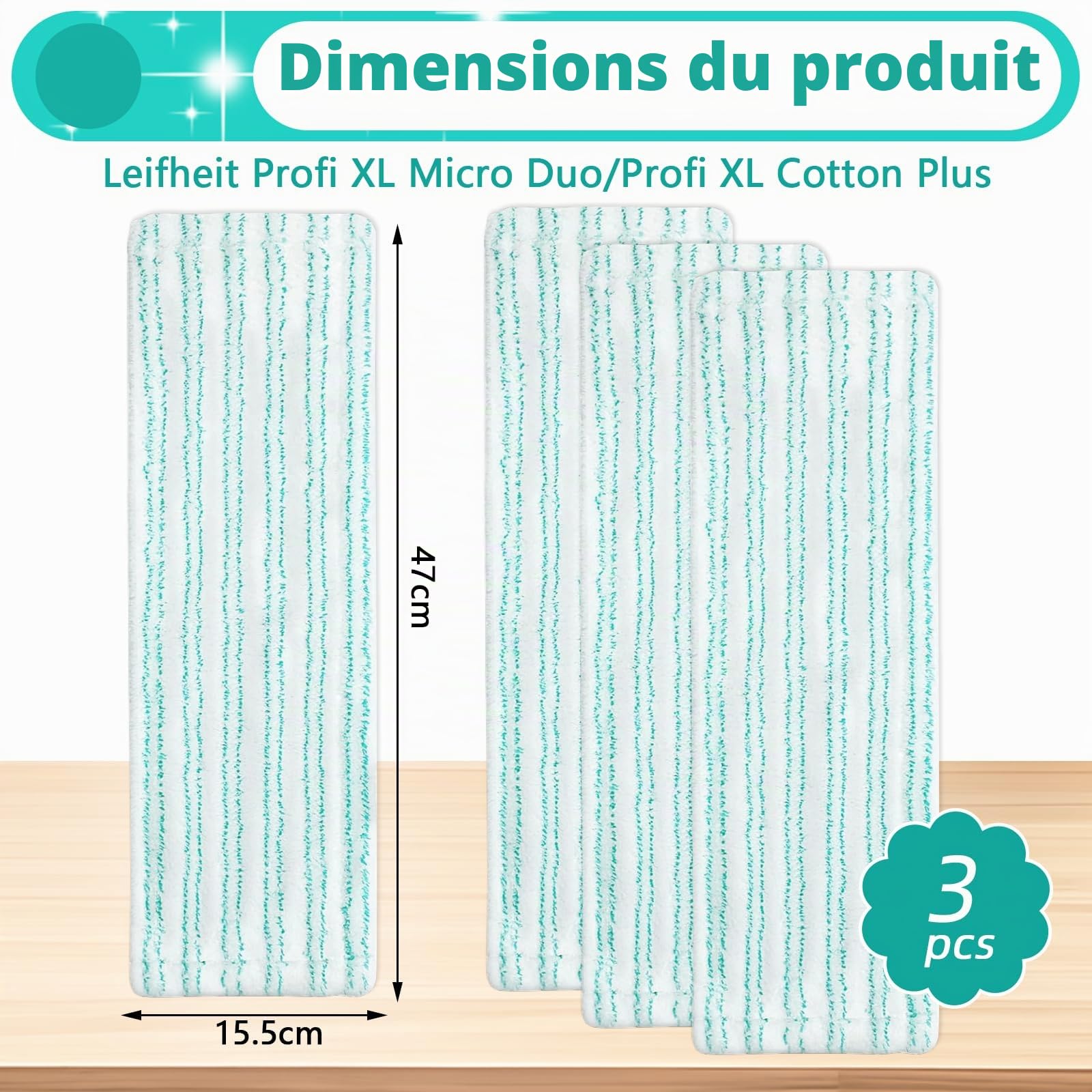 3 Pièces Serpillères de Rechange pour Leifheit Profi XL Micro Duo 47x15cm Housses de Rechange pour Leifheit Profi XL Cotton Plus, Housse de Rechange en Microfibres pour Tous Les Types de Sols