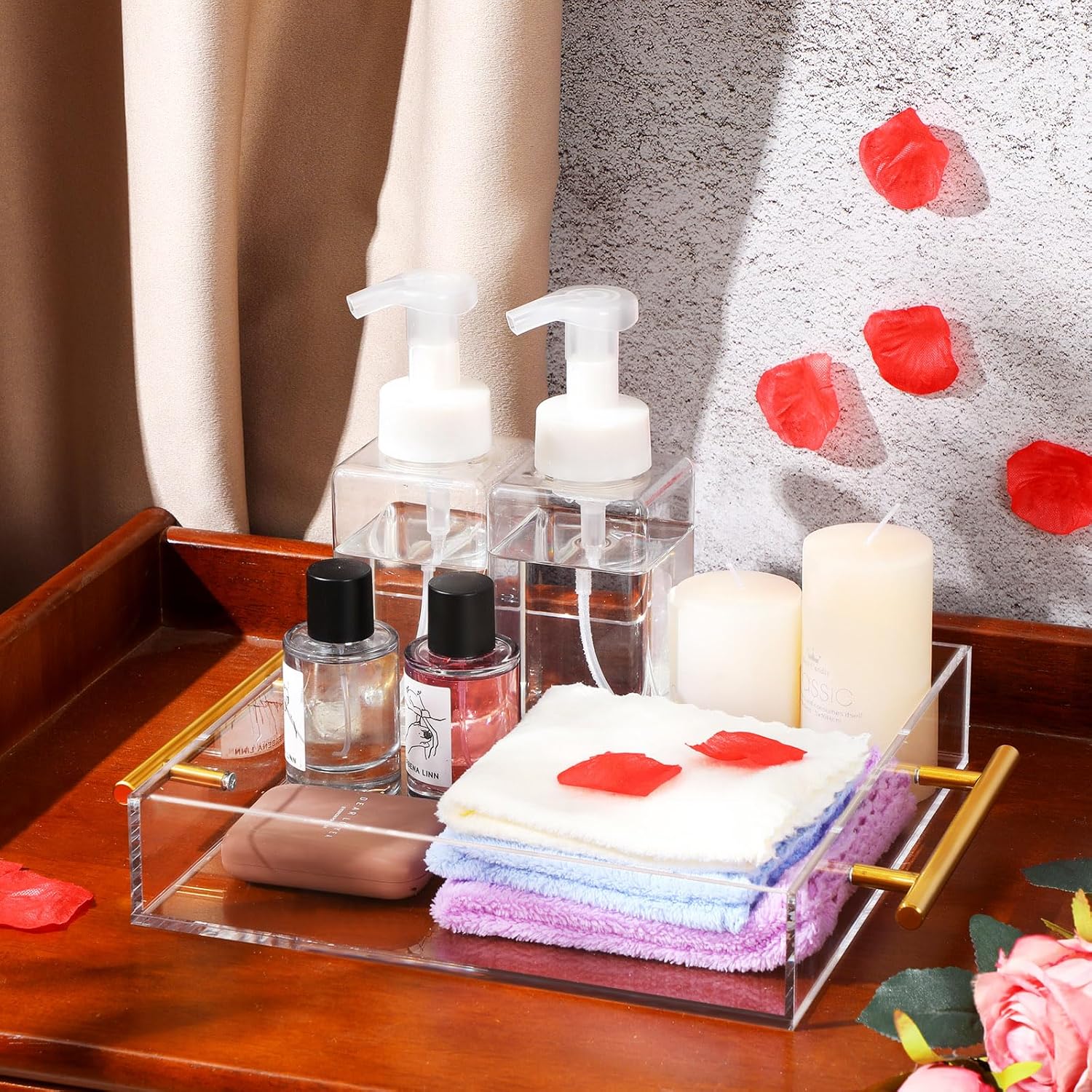 meekoo 3 Pcs Tray with Handles Acrylic Serving Tray Spill Proof Acrylic Bathroom Decorative Organizer for Coffee Table Countertop Appetizer 12x16 11x14 10x10 Inch(Clear with Gold Handle) - Image 6