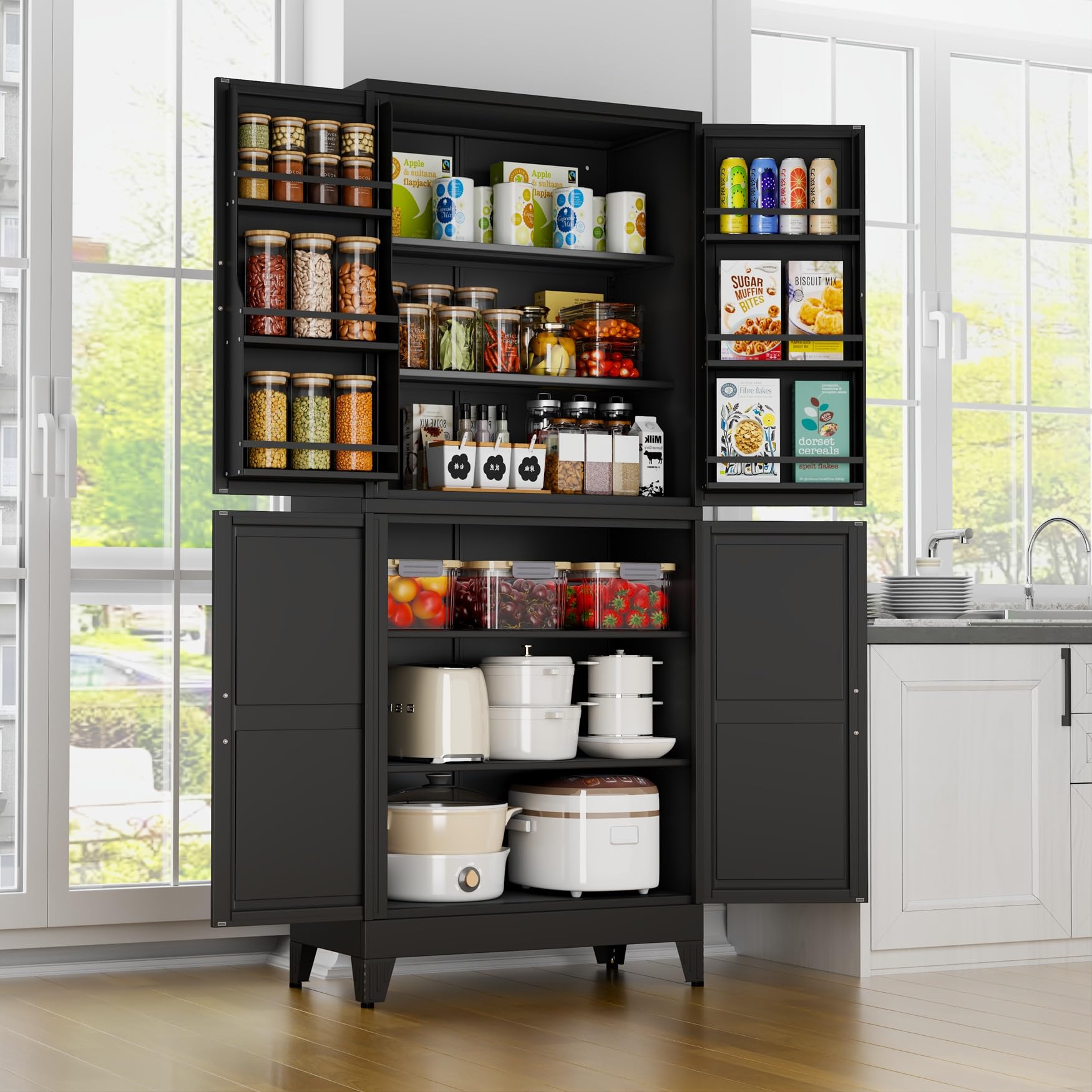 Black Kitchen Pantry Storage Cabinet, 75" Metal Storage Cabinet