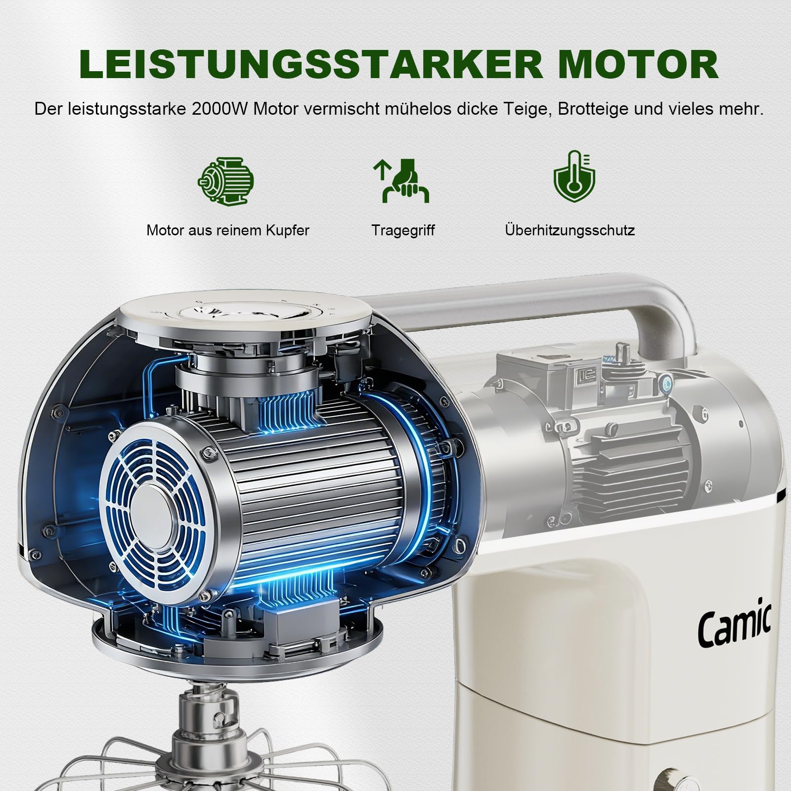 Camic Küchenmaschine - 2000W - 10 Geschwindigkeitsstufen mit Tragegriff, Edelstahl Rührschüssel (7L), Knetmaschine mit Rührhaken, Knethaken, Schlagbesen und Spritzschutz