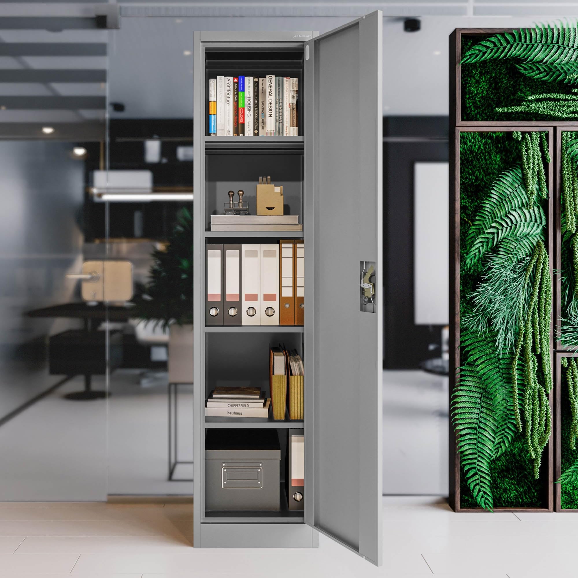 Jan Nowak Aktenschrank Büroschrank Metallschrank Lagerschrank 4 Fachböden Flügeltür Drehgriff Pulverbeschichtung Metall 185 cm x 45 cm x 40 cm (Grau)